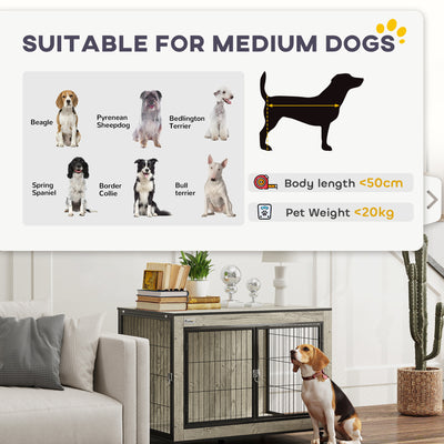 PawHut Dog Crate Furniture with Wheels, Double Doors, for Medium Dogs, 80 x 56 x 62.5cm, Grey 