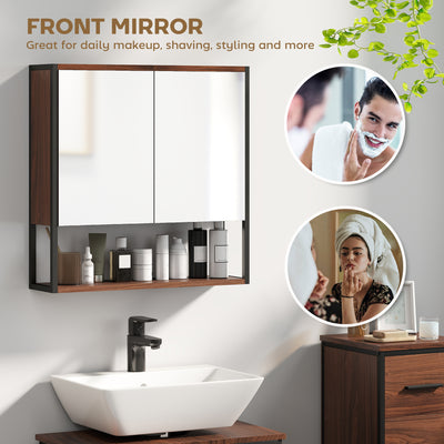 HOMCOM Bathroom Mirror Cabinet with Soft-Close Doors and Adjustable Shelf - Natural Wood Finish 