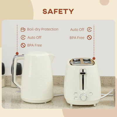 HOMCOM Kettle and Toaster Set, 1.7L 3000W Fast Boil Kettle & 2 Slice Toaster Kitchen Set with 7 Level Browning Controls, Defrost, Reheat, Boil-dry Protection, Cream White 