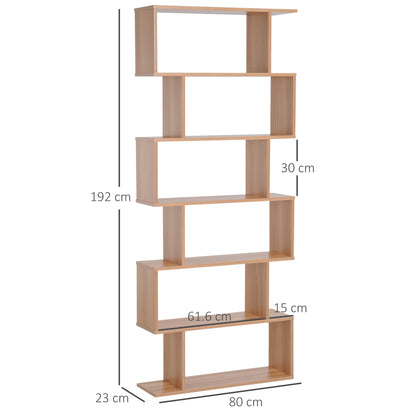 HOMCOM Bookcase, 6 Tier Shelf S Shaped Bookshelf, Storage Unit, Display Shelf for Living Room, Bedroom, Home Office, Plant, Maple 