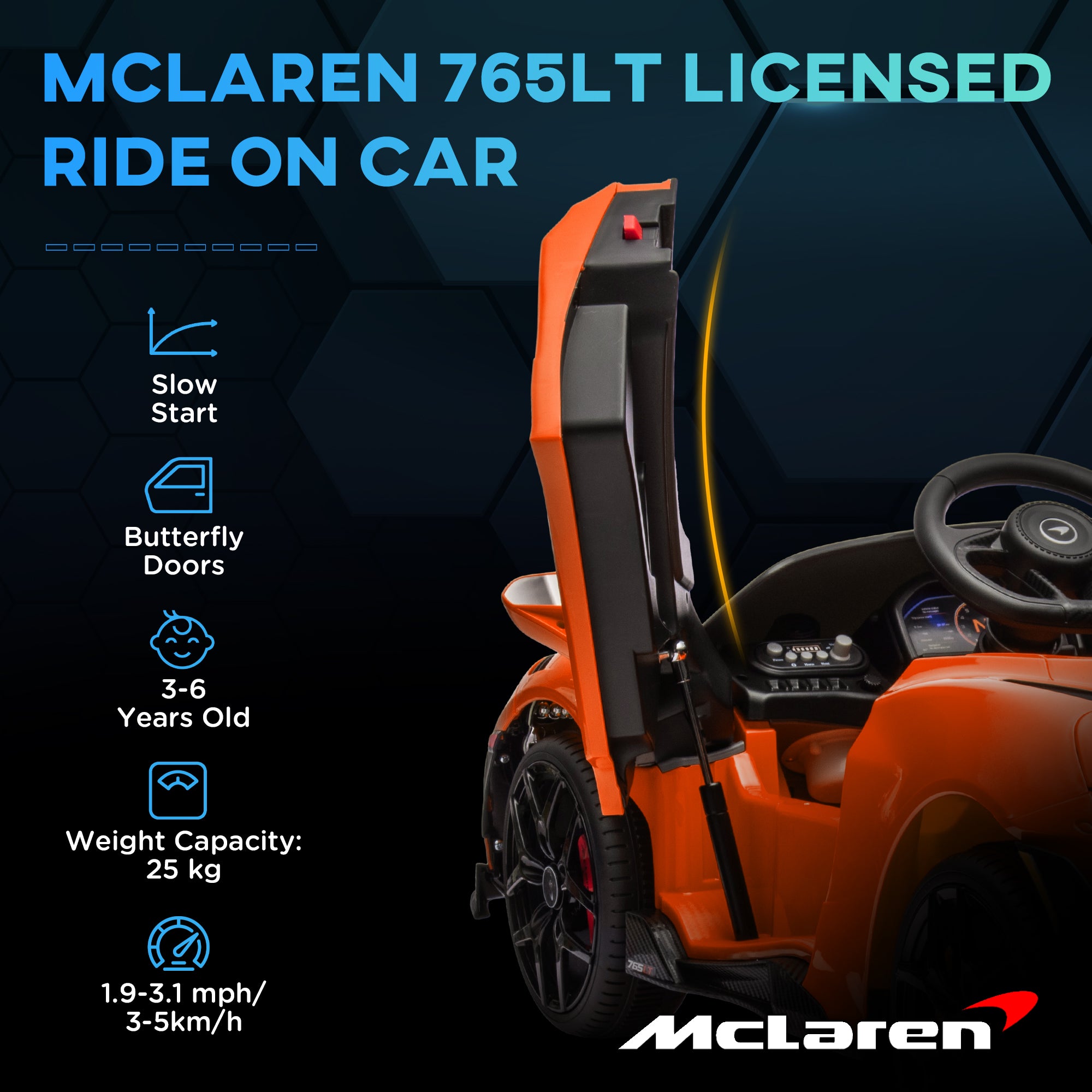 AIYAPLAY McLaren 765LT Licensed 12V Kids Electric Ride on Car with Butterfly Doors, Remote Control, Transport Wheels, Orange 