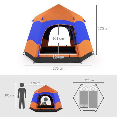 Outsunny Six Man Hexagon Camping Tent with Hang Hook and Carry Bag - Orange and Blue 
