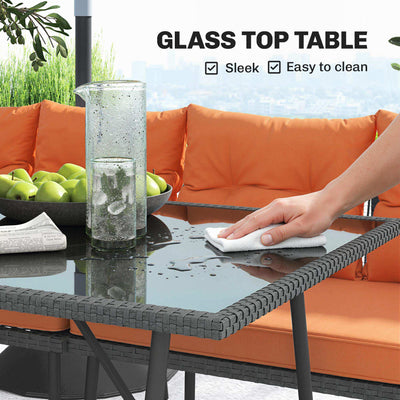 Outsunny 6 Piece Rattan Garden Furniture Set, 8 Seater Garden Corner Sofa with Cushions and Glass Top Table, Orange 