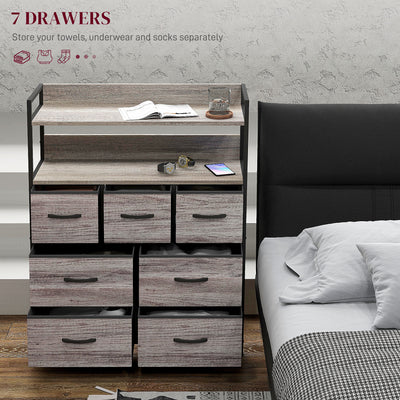 HOMCOM Rustic Chest of Seven Fabric Drawers - Grey Wood Effect 