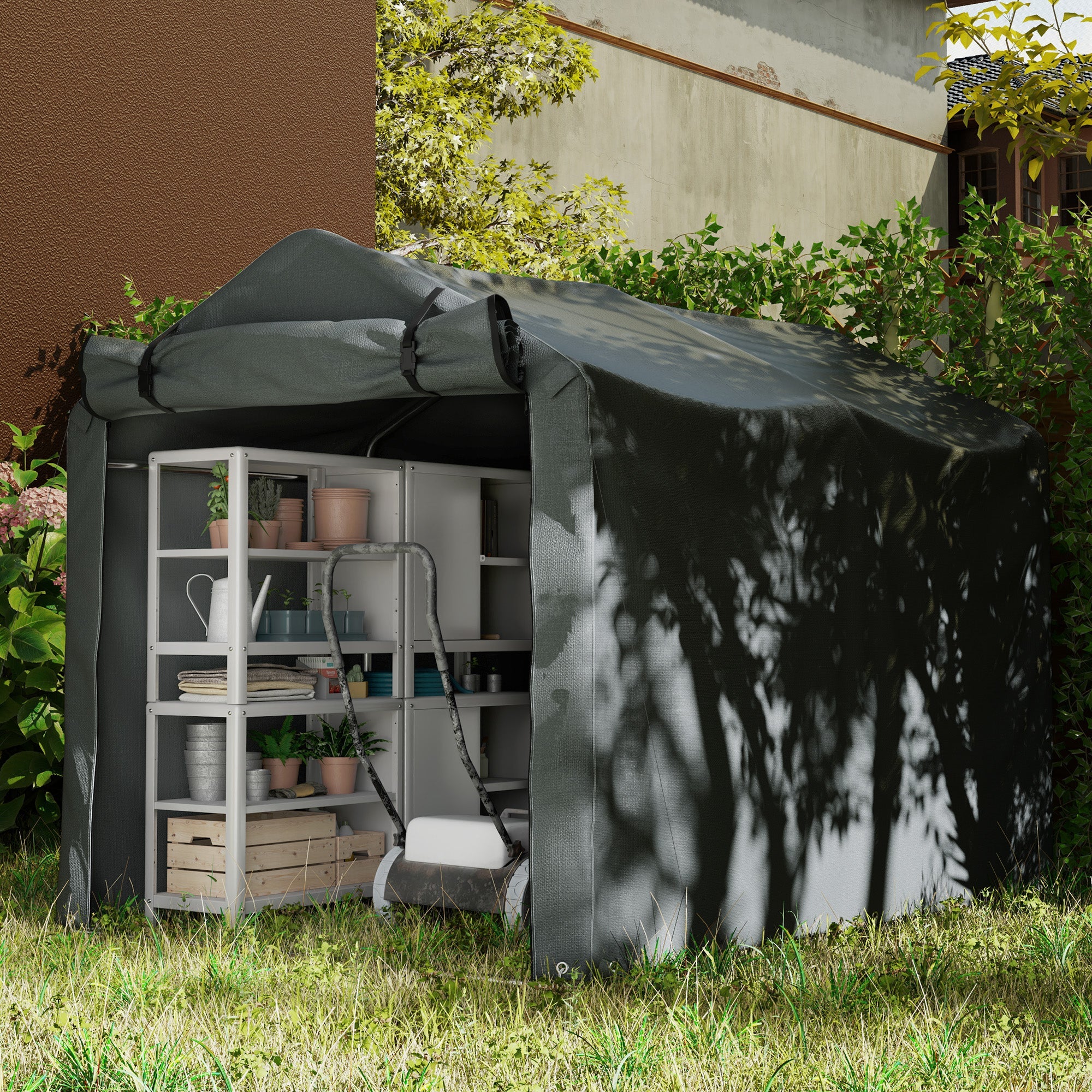 Outsunny 2.2 x 1.6 m Garden Storage Tent, Waterproof Anti-UV Bike Tent with Roll-up Zipper Door, Galvanised Outdoor Storage Shelter Carport for Bike, Motorbike, Garden Tools, Dark Grey 