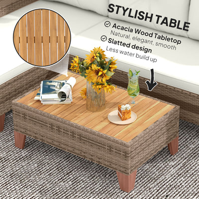 Outsunny 3 Pieces Rattan Garden Furniture Set, L Shaped Garden Conversation Chaise Lounge Furniture with Wood Top Coffee Table and Thick Cushions, Cream 