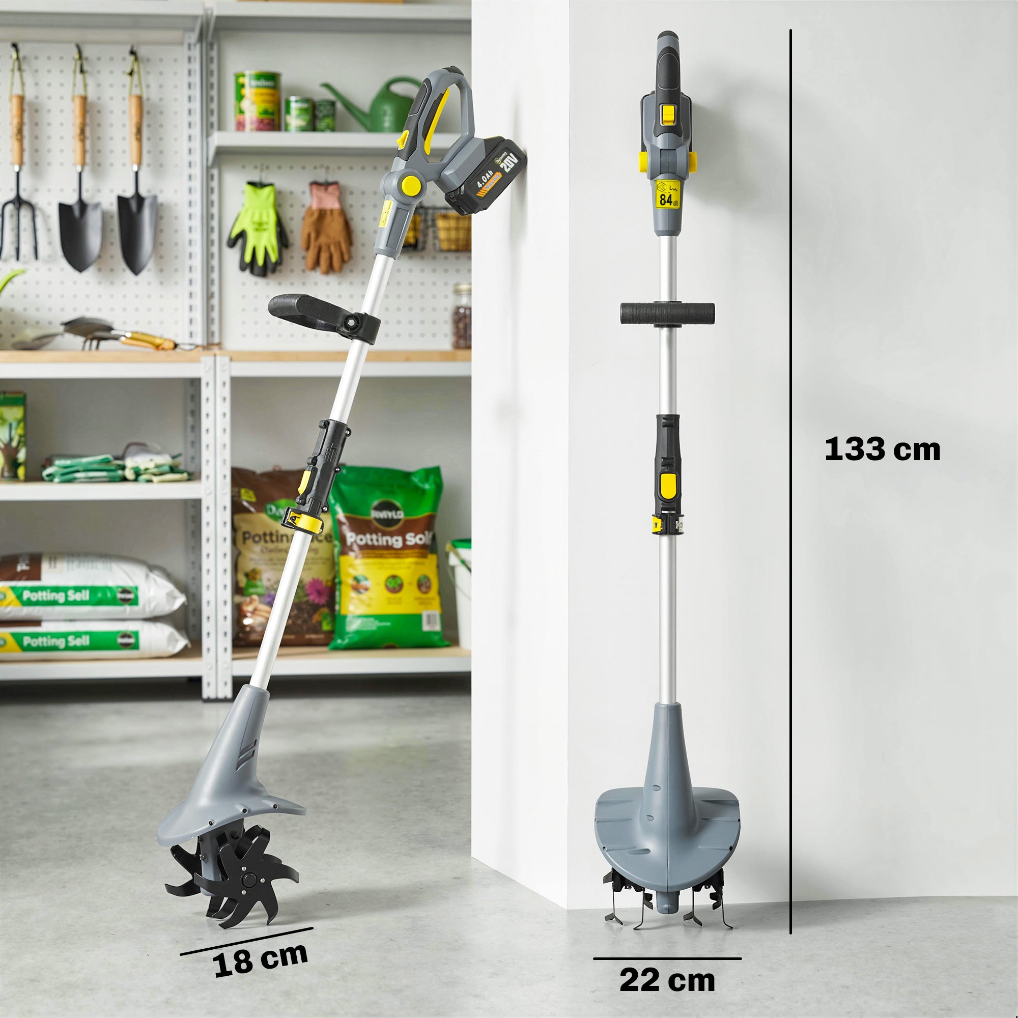 Outsunny Cordless Tiller, 18V Electric Garden Rotavator with 2 x 4000mAh Batteries, Charger, 20cm Tilling Width & 18cm Depth 