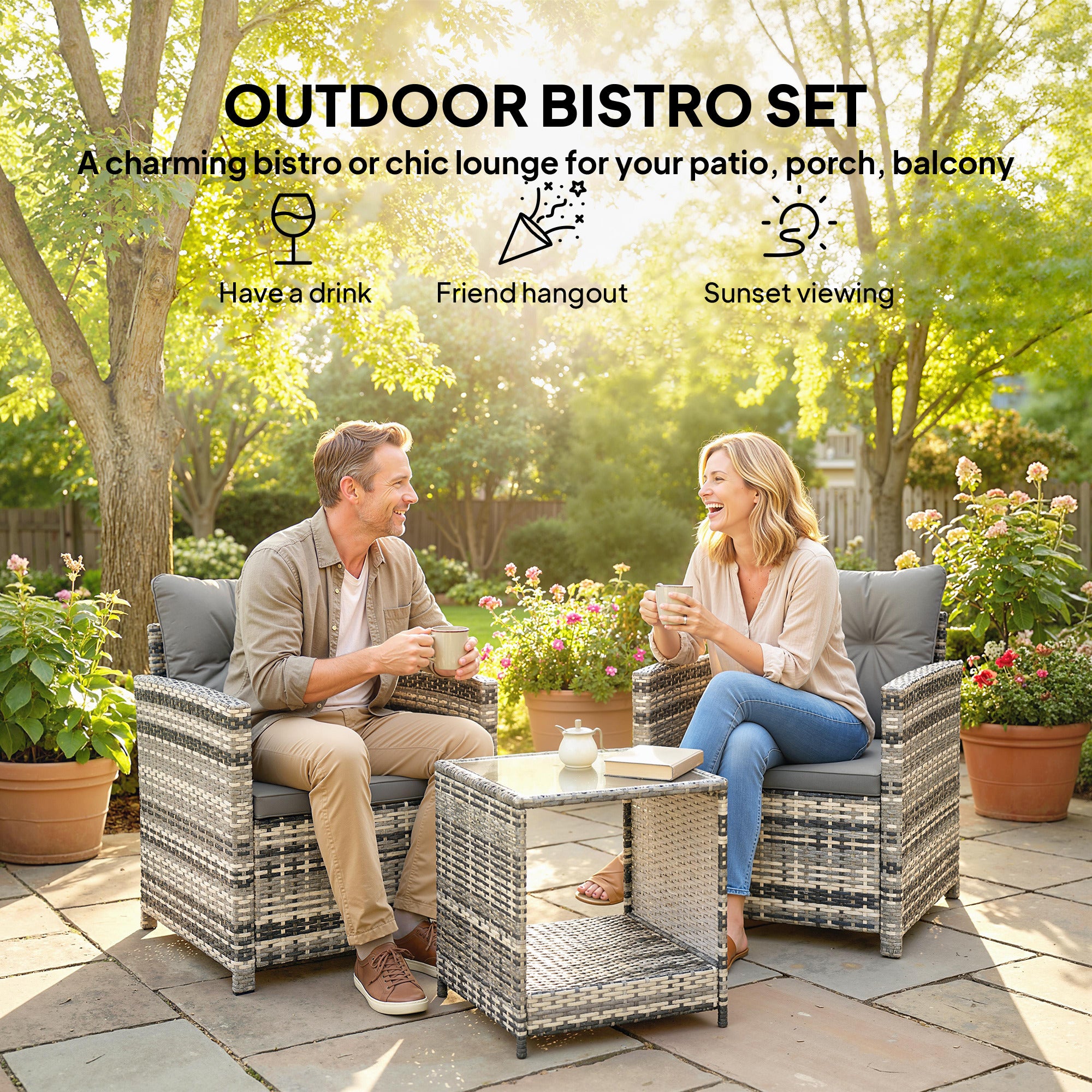 Outsunny Rattan Bistro Set, 3 Piece Garden Furniture Set with 2 Tier Glass Top Table and Cushions, Mixed Grey 