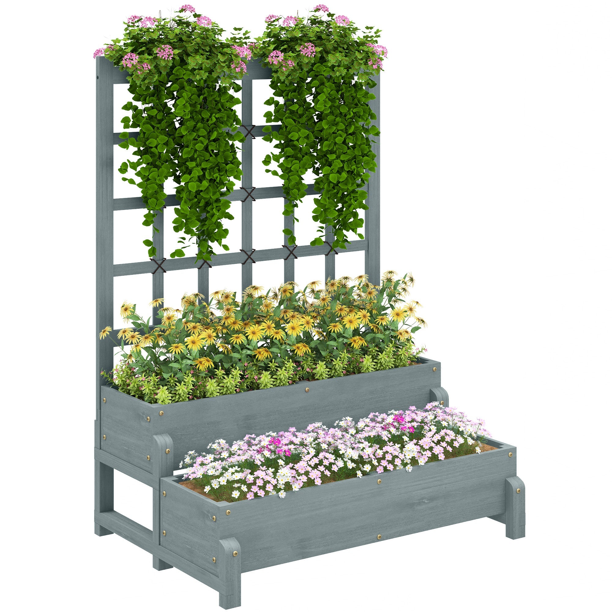 Outsunny 2-Tier Raised Garden Bed with Trellis, Wooden Elevated Planter Box with Drainage Holes, Outdoor Raised Planter for Climbing Plants, Fruits, Vegetables, Flowers, Grey 