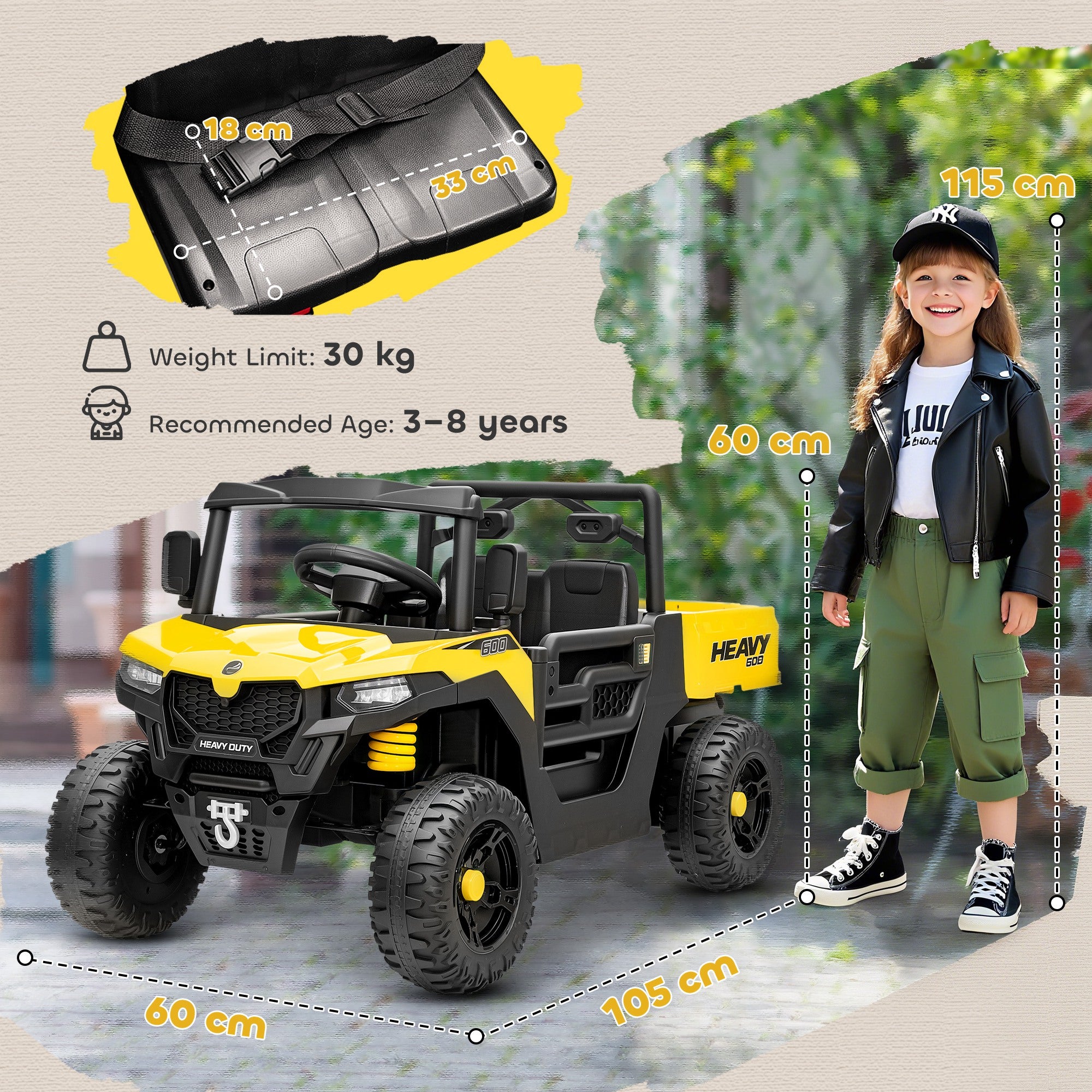 AIYAPLAY Kids Ride on Car, 12V Electric Kids UTV with Electric Dump Bed, 4-Wheel Suspension for 3-8 Years, Yellow 