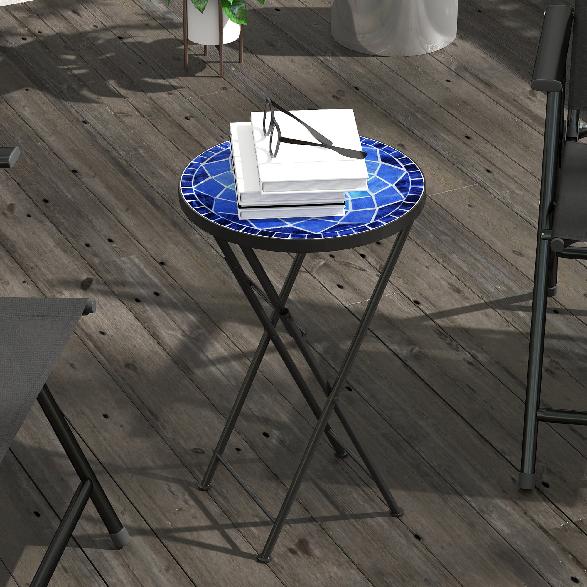 Outsunny Mosaic Outdoor Garden Table, 35.5cm Round Folding Coffee Table with Metal Frame for Balcony Terrace, Navy Blue 