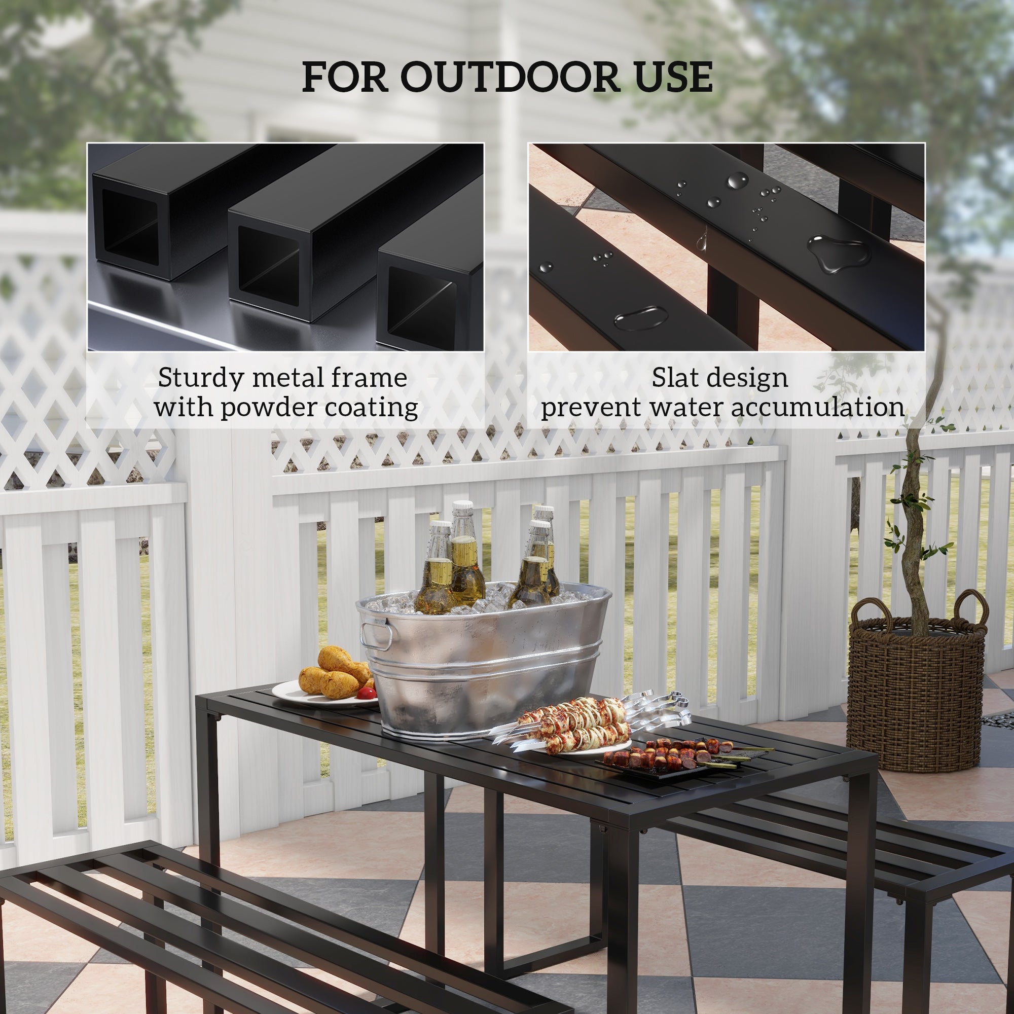 Outsunny 3 Pieces Picnic Bench Set with Table and 2 Benches, Slated Design Dining Trestle Beer Table and Seat, Black 