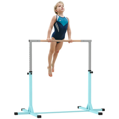 HOMCOM Height Adjustable Gymnastics Horizontal Bar for Kids, Children Junior Kip High Bar Fitness, Light Blue 