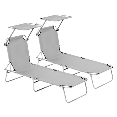 Outsunny 2 Pieces Outdoor Foldable Sun Lounger, 4 Level Adjustable Backrest Reclining Sun Lounger Chair with Angle Adjust Sun Shade Awning for Beach, Garden, Patio, Light Grey 