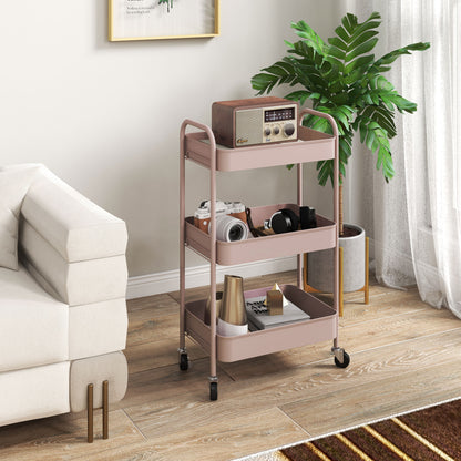HOMCOM Three-Tier Steel Storage Trolley - Pink 