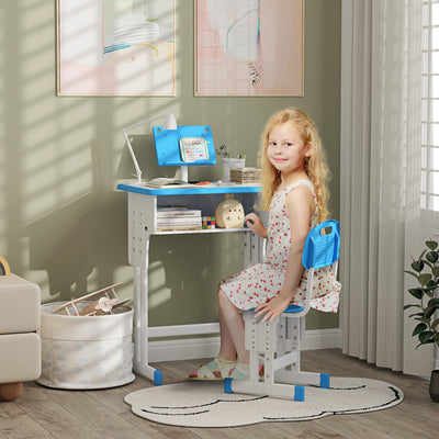 HOMCOM Kids Adjustable Desk and Chair Set, Book Stand, Pen Slot - Blue 