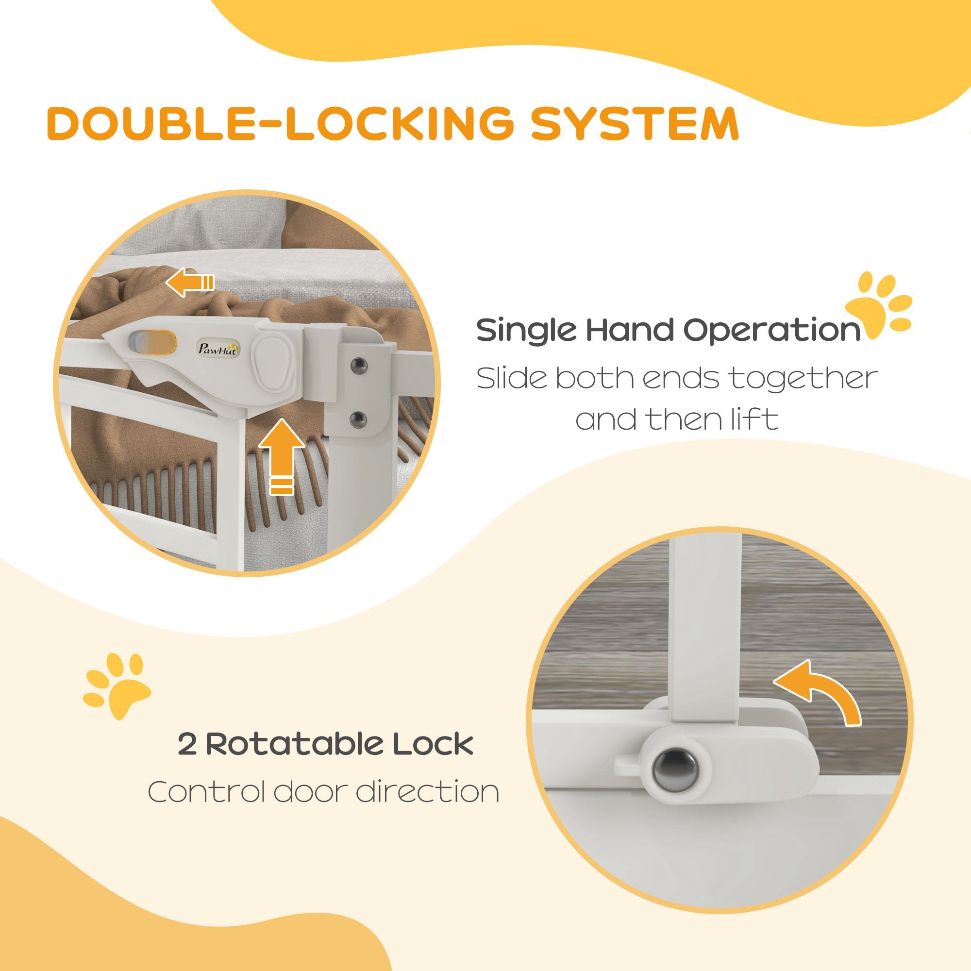 PawHut Pressure Fit Stair Gate, Dog Gate w/ Small Cat Door, Auto Closing System, Double Locking Openings, 74-80cm - White 