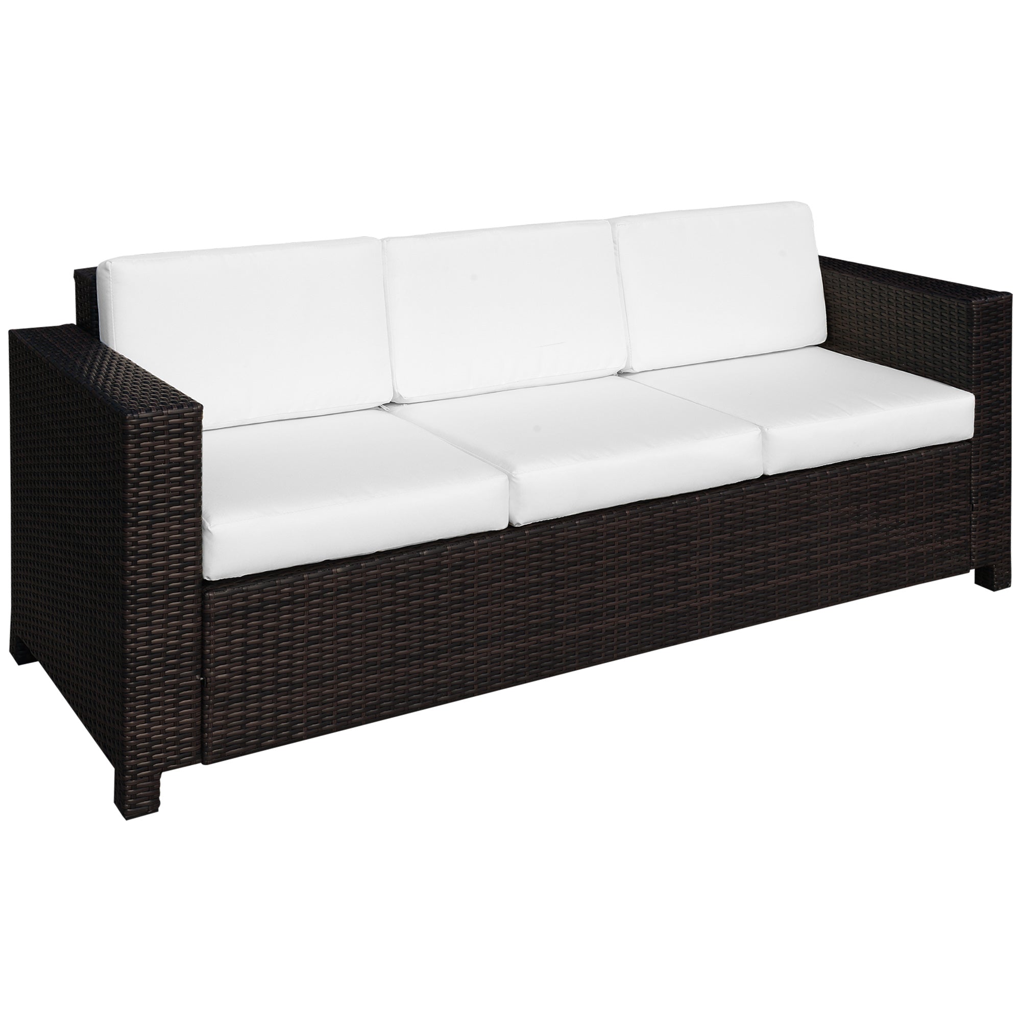 Outsunny 3 Seater Rattan Sofa All-Weather Wicker Weave Metal Frame Chair with Fire Resistant Cushio-Brown 