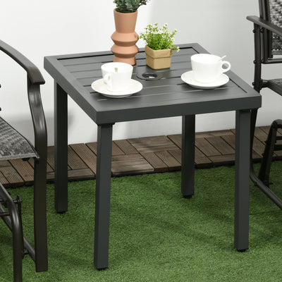 Outsunny Garden Side Table, 51x51cm Square Patio Coffee Table with Umbrella Hole, End Table with Steel Frame for Balcony, Grey 