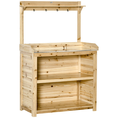 Outsunny Garden Potting Bench Table, Wooden Workstation Bench w/ Galvanized Metal Tabletop, Storage Shelves and Hooks, Natural 