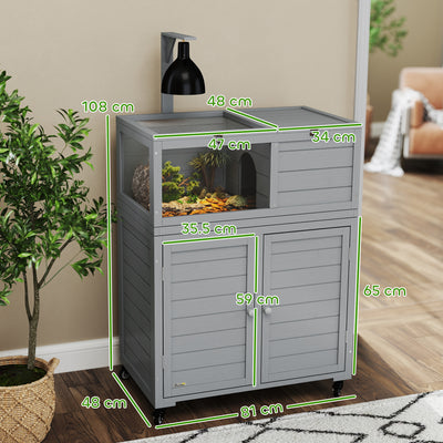 PawHut Wooden Tortoise House with Storage Cabinet, Openable Top, Lamp Holder, Transparent Observation Windows, Light Grey 