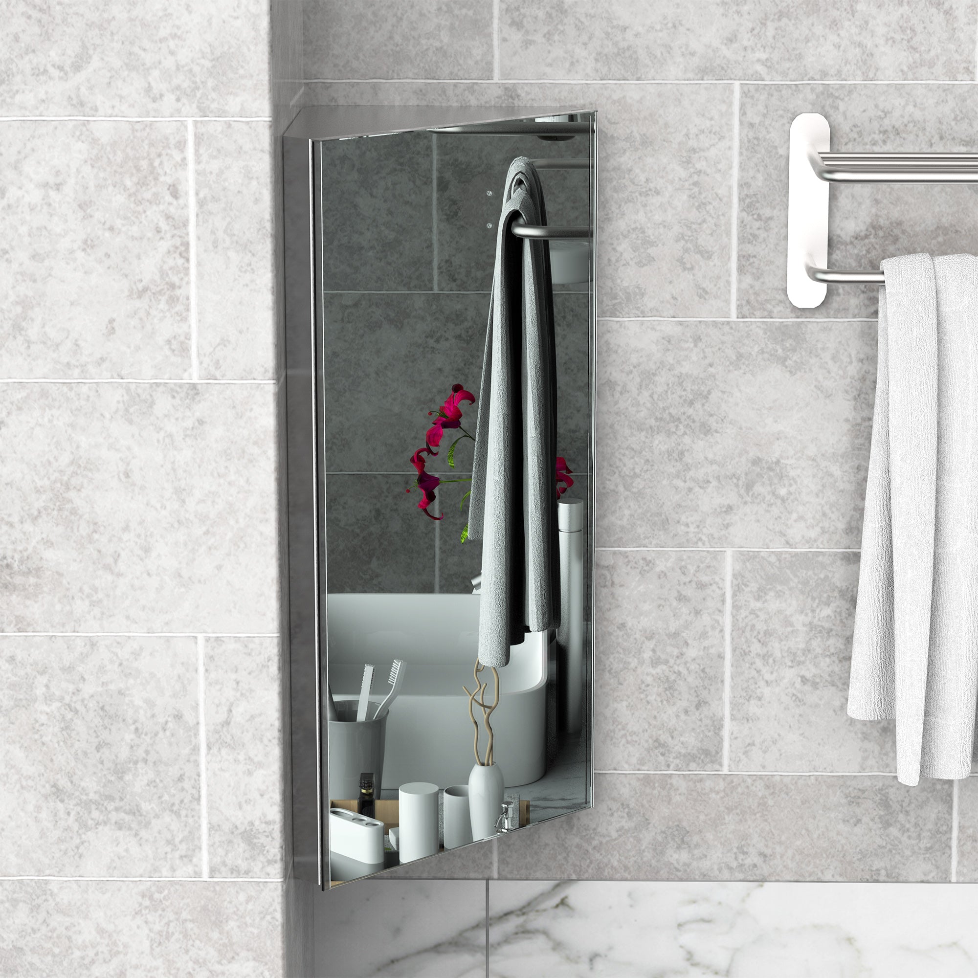 HOMCOM Stainless Steel Wall mounted Bathroom Corner Mirror Storage Cabinet Single Door 300mm (W) 