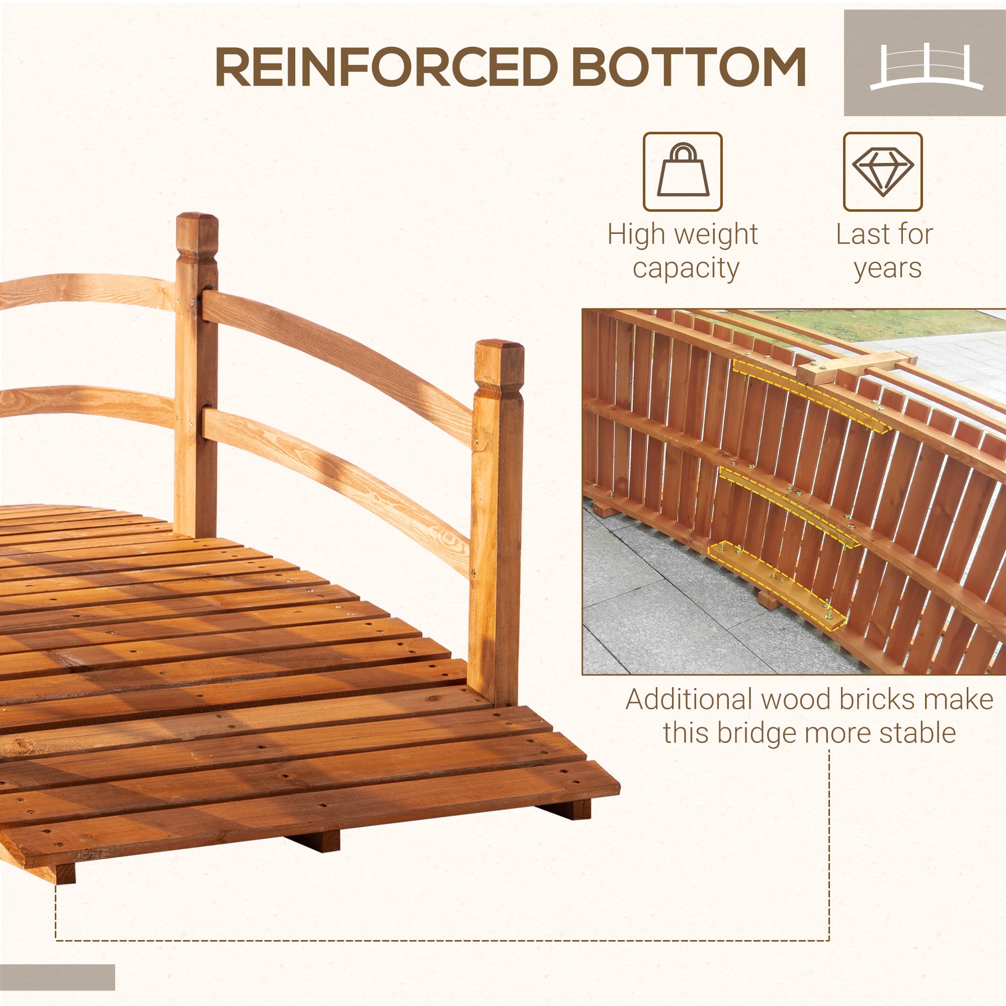 Outsunny 6FT Wooden Garden Bridge with Safety Railings, Classic Arc Footbridge for Stream Pond Walkway, Orange 