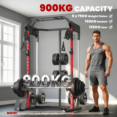 SPORTNOW Power Cage, Power Rack with Adjustable Cable Pulley System, Pull-Up Bar, Dip Station, Landmine 