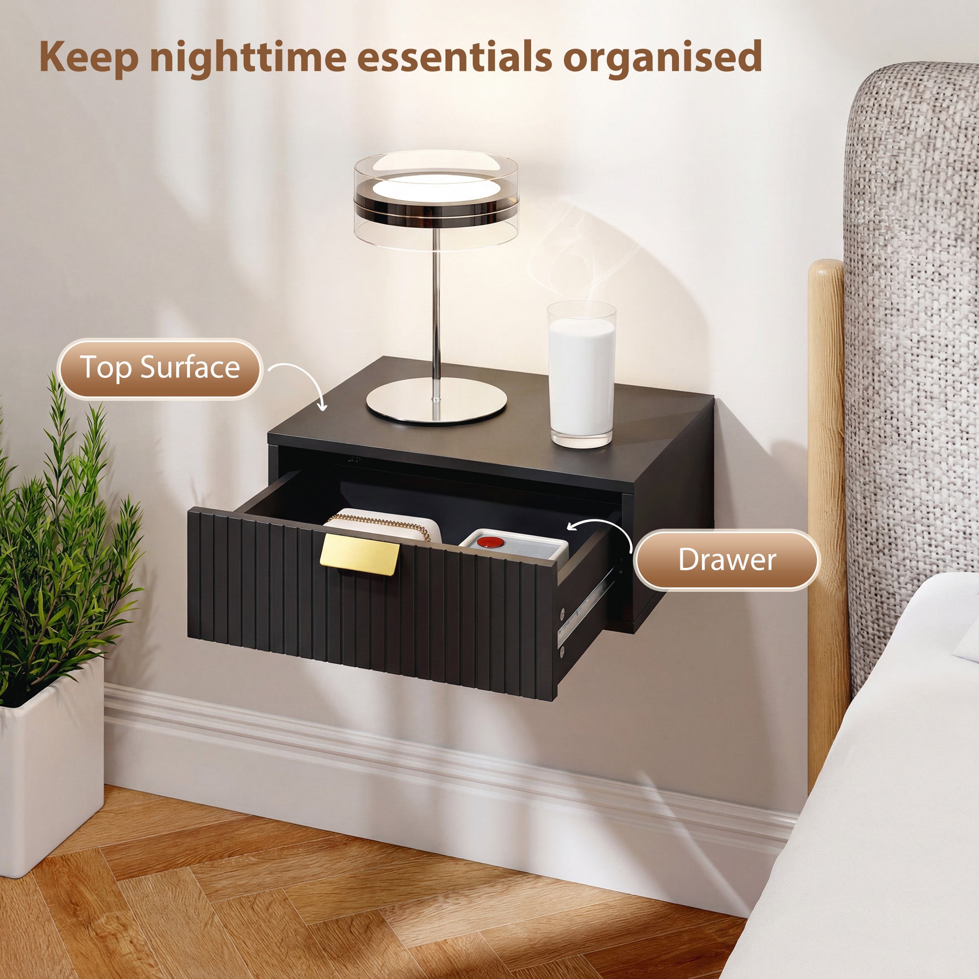 HOMCOM Modern Floating Nightstands Set of 2, Wall Mounted Bedside Tables with Wave Drawer Black 