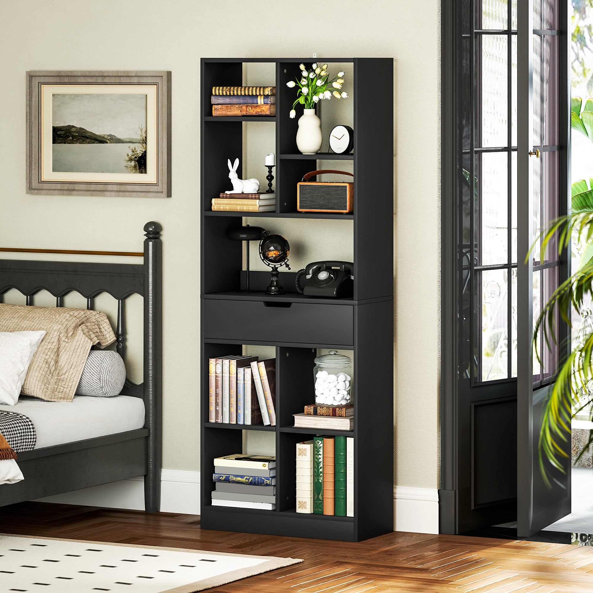 HOMCOM Tall Bookshelf with Drawer, Freestanding Bookcase for Bedroom, Living Room, Home Office, Black