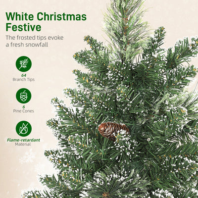 HOMCOM 60 cm Prelit Small Christmas Tree, Snow Flocked Tabletop Mini Xmas Tree with 35 LED Lights, Pine Cones and Linen Cover Base, Battery Operated, Green 