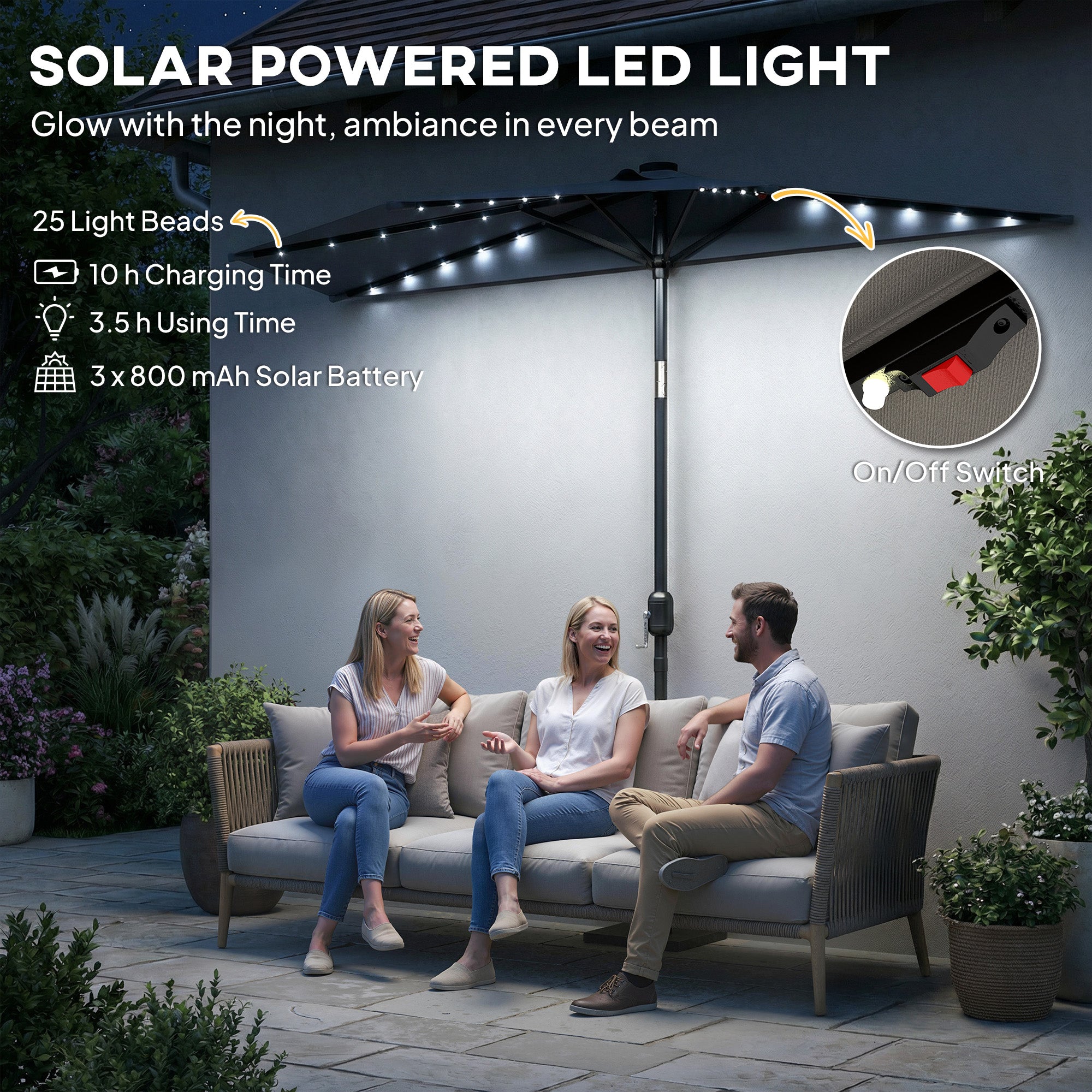 Outsunny 2.6 m Half Garden Parasol with Solar LED Lights, UPF50+ Semi Round Umbrella with 30° Tilt, Crank Handle, Dark Grey 