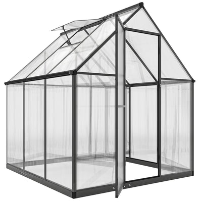 Outsunny Polycarbonate Greenhouse with Swing Door and Adjustable Window, Walk-in Greenhouse with Rain Gutter, 5.5 x 6ft, Black 