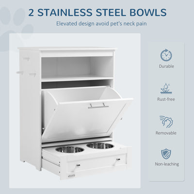 PawHut Pet Feeder Station, Dog, Cat Storage Container, with Raised Bowls, Hanger, Cabinet - White 