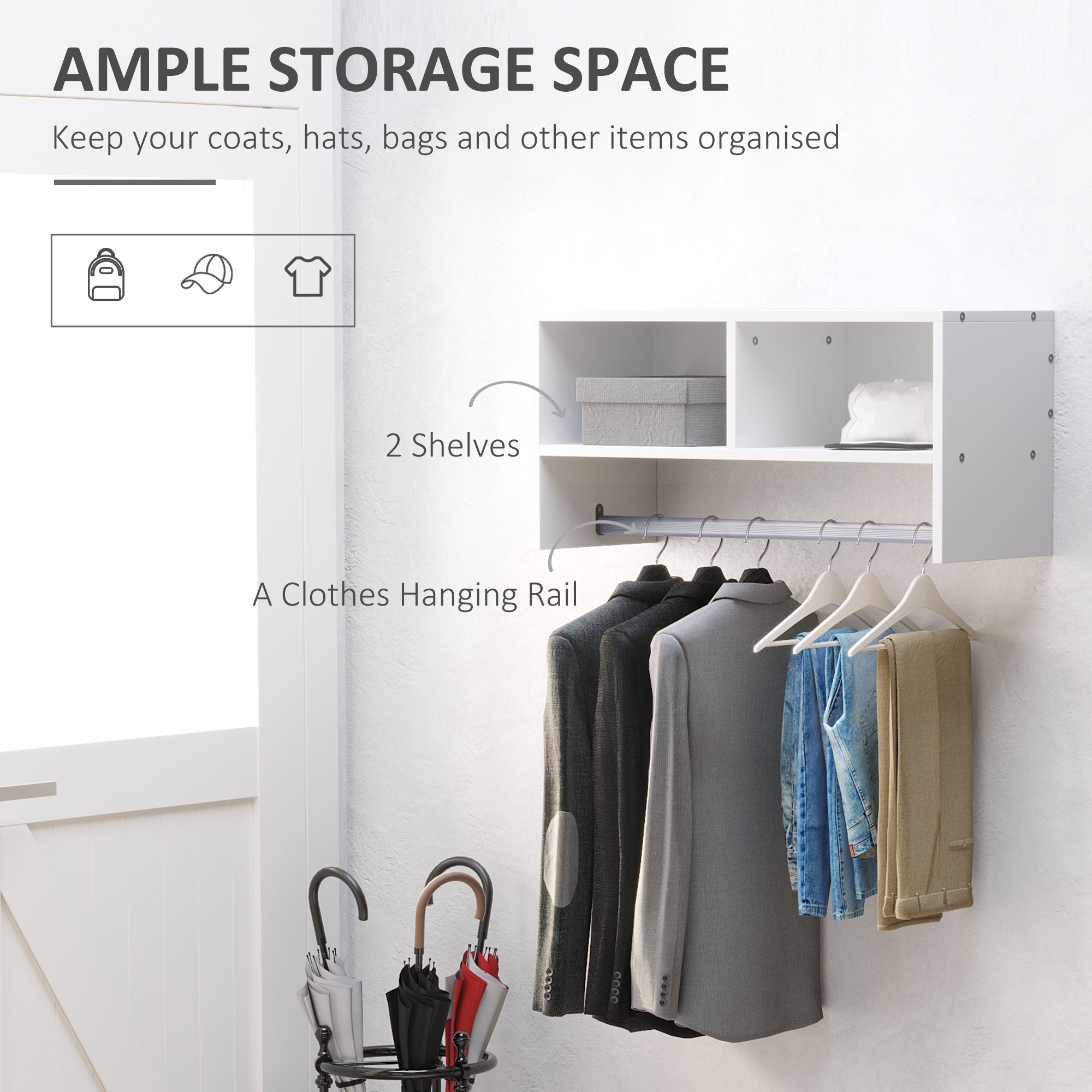 HOMCOM Wall Mounted Coat Hanger Hooks Rack Stand Hallway Coat Rack Rail & Storage Shelf Hanging Coat Organizer (White) 