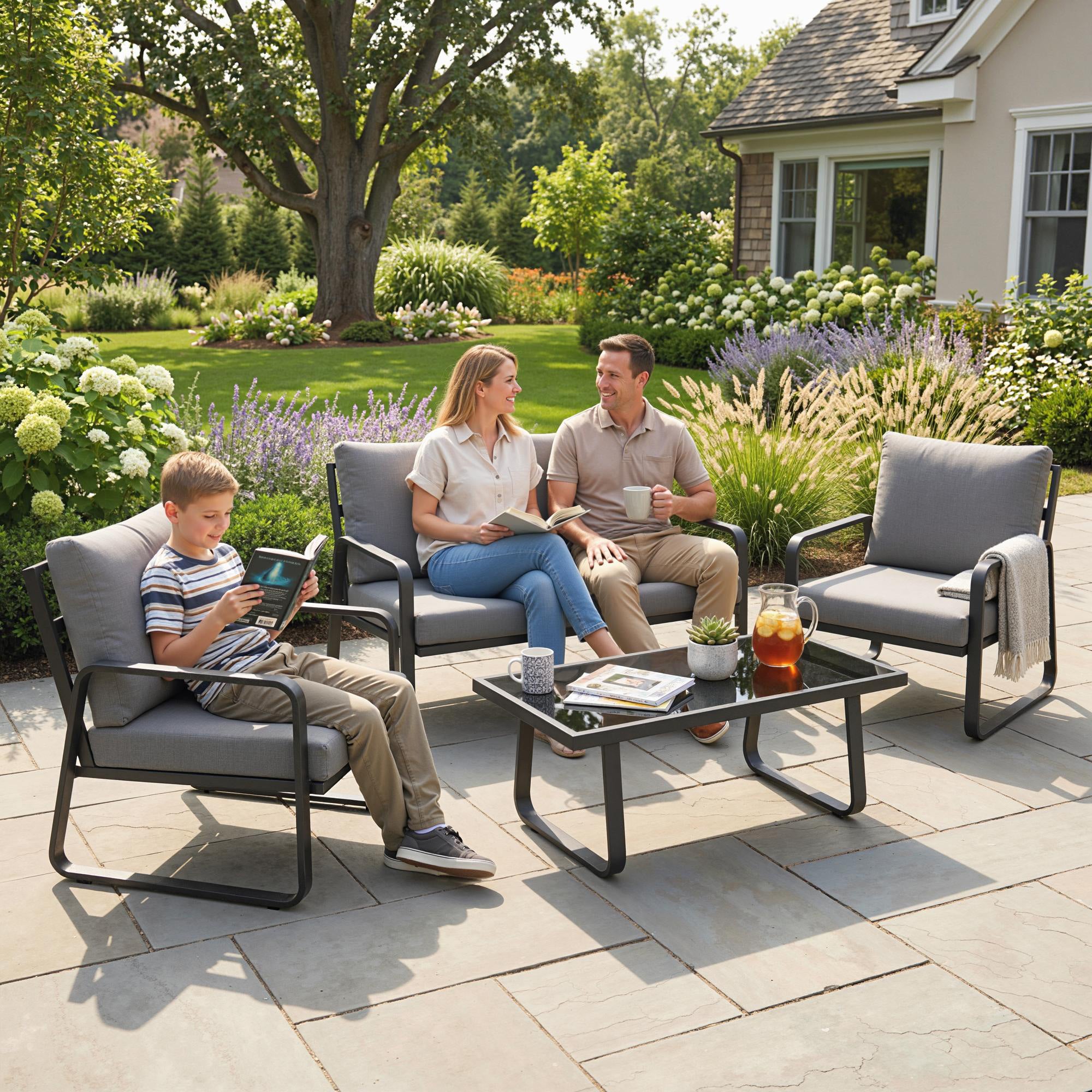 Outsunny 4 Piece Garden Furniture Set, Outdoor Sofa Set with Loveseat, 2 Armchairs, Coffee Table and Cushions 