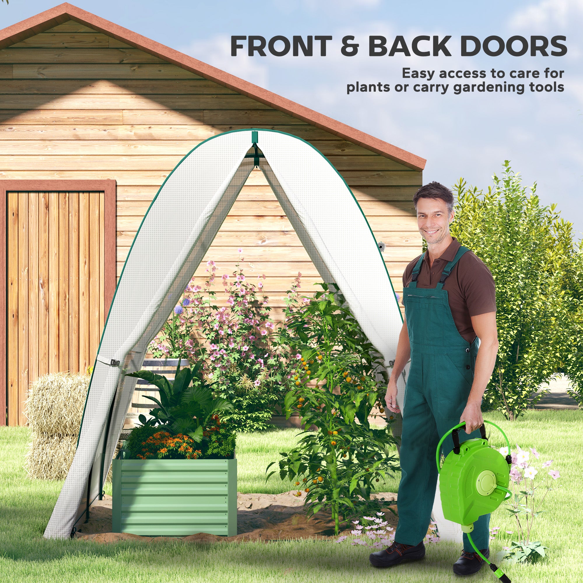 Outsunny Polytunnel Greenhouse with Sandbags, Walk-In Tunnel Green House with 2 Doors and Screen Windows, 1.8 x 1.8 x 2m, White 