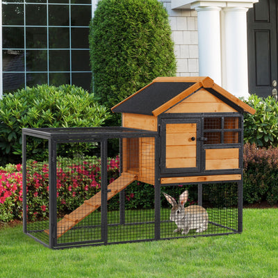 PawHut Rabbit Hutch Guinea Pig Hutch Wood-metal Elevated Guinea Pig House Pet Bunny Cage for Outdoor 122 x 63 x 92cm Light Yellow 