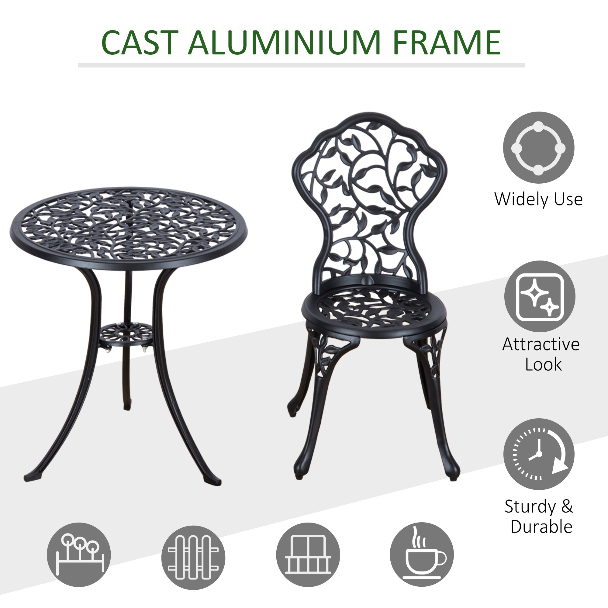 Outsunny 3 Pcs Aluminium Bistro Set Garden Furniture Dining Table Chairs Antique Outdoor Seat Patio Seater Black 