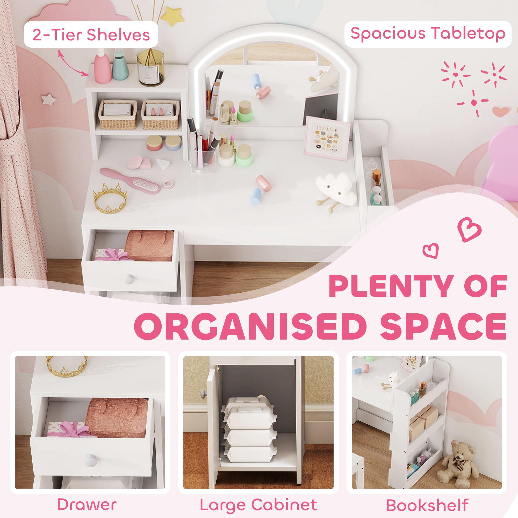 AIYAPLAY Kids Vanity Table and Chair Set, Girls Dressing Table with 2-Colour LED Mirror, Stool, Cabinet, Drawer, Shelves, White 