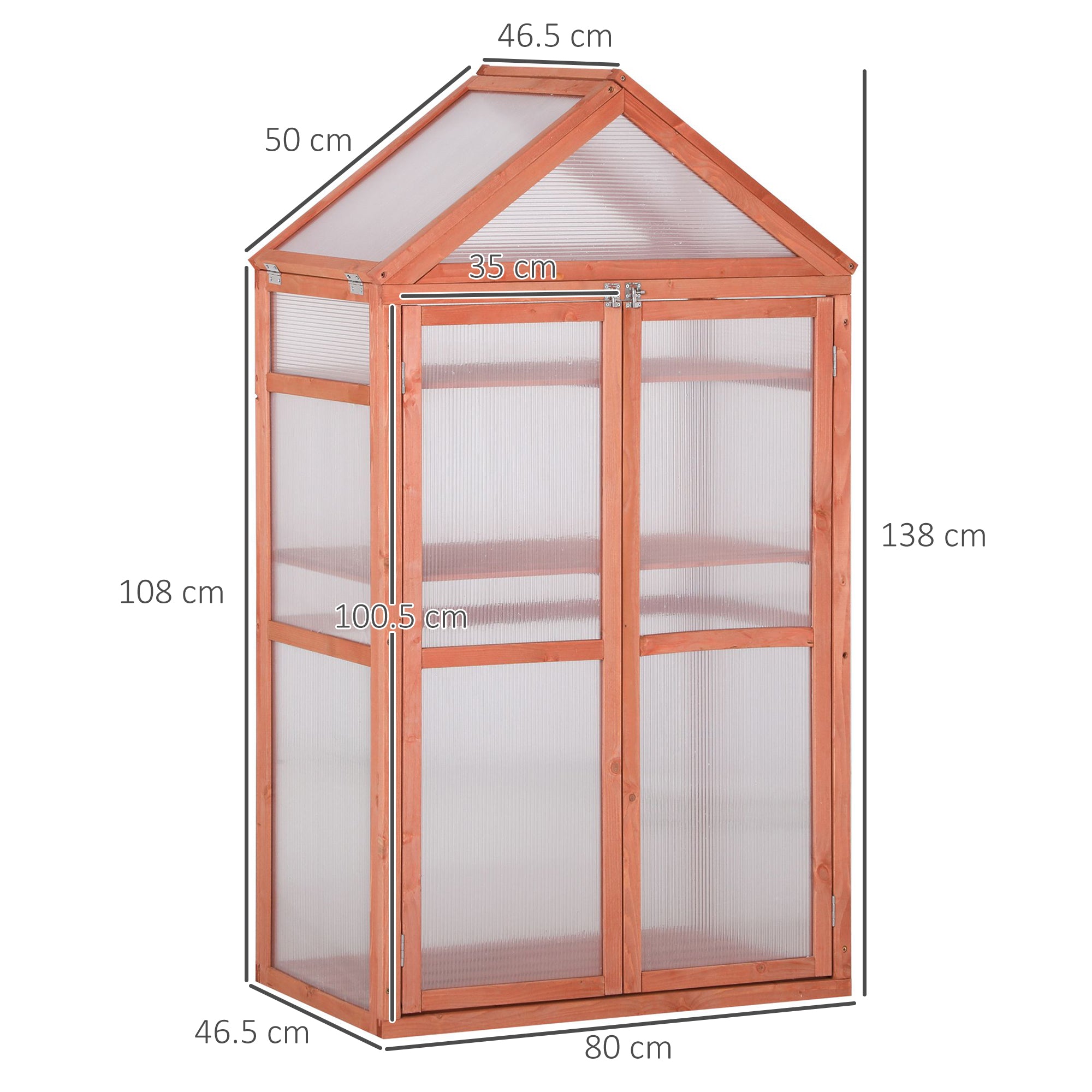 Outsunny Garden Cold Frame Polycarbonate Greenhouse with Adjustable Shelves, Double Doors, Openable Top Covers, Grow House for Flower Vegetable Plants, 80 x 47 x 138cm, Orange 