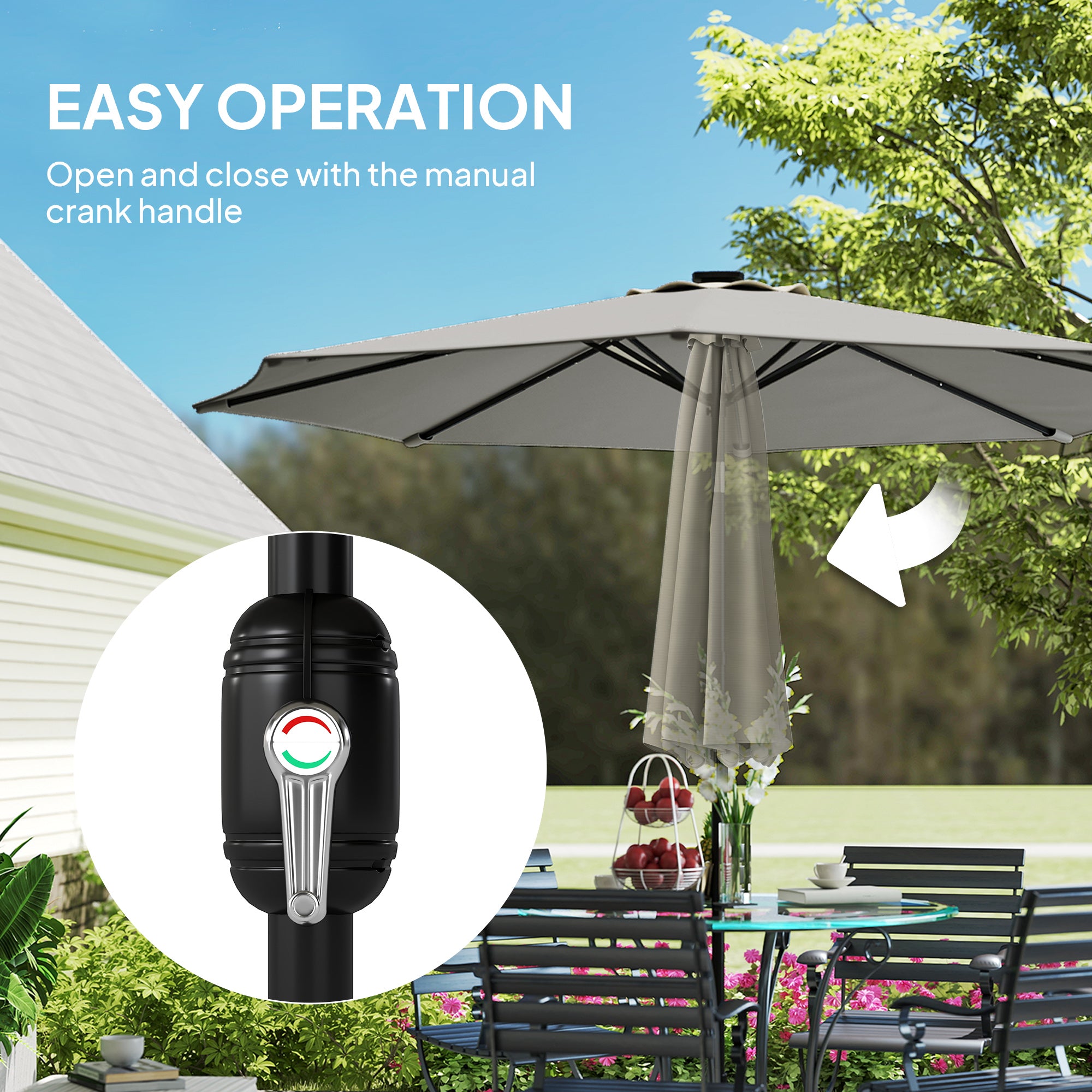 Outsunny 2.6 m Garden Parasol Umbrella with LED Solar Light, Parasol Cover, Outdoor Market Patio Umbrella, Light Grey 