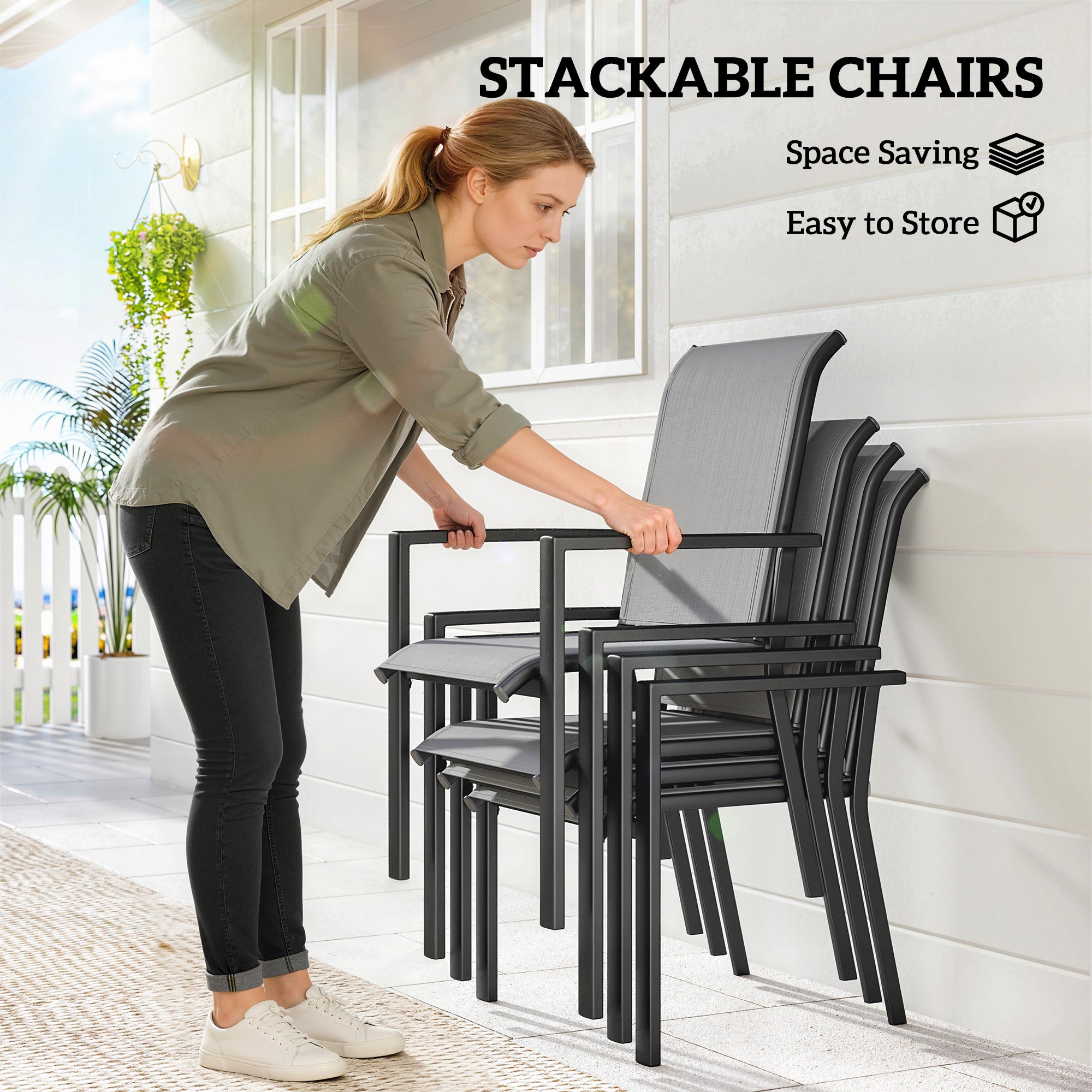 Outsunny 5 Pieces Outdoor Dining Set for 4, Garden Table and Stackable Chairs with Breathable Mesh Seat and Parasol Hole, Grey 