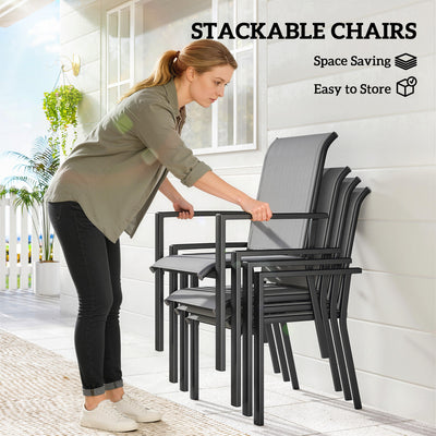 Outsunny 5 Pieces Outdoor Dining Set for 4, Garden Table and Stackable Chairs with Breathable Mesh Seat and Parasol Hole, Grey 