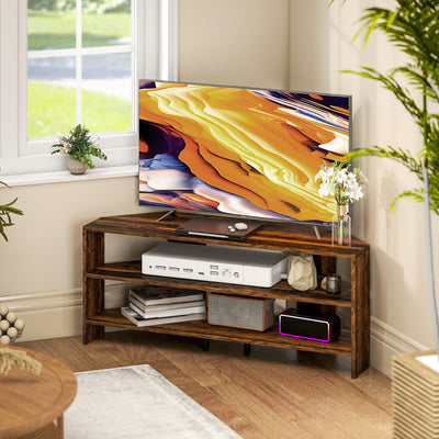 HOMCOM Corner TV Stand with 2 Open Shelves for 47 Inch TV - Rustic Brown 