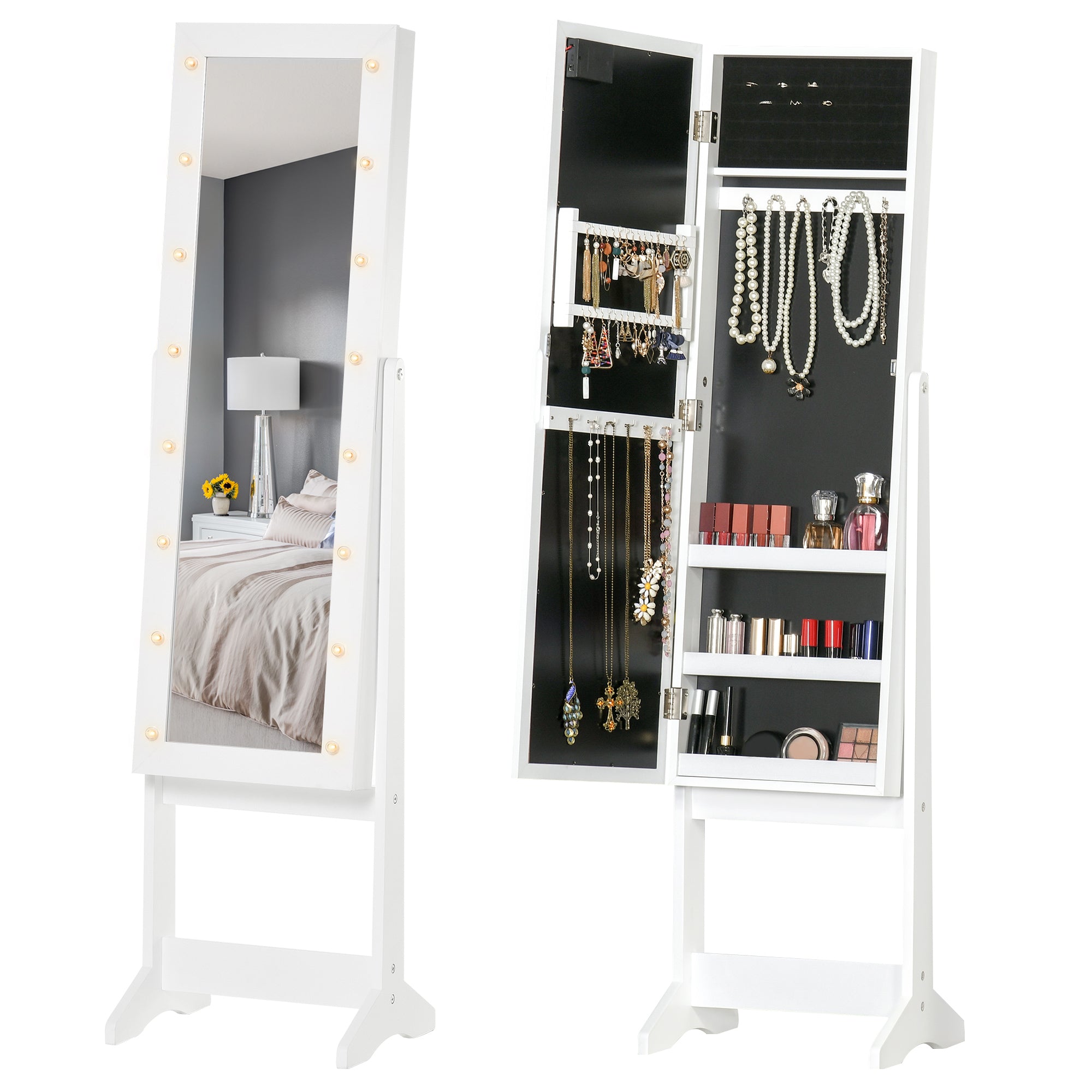 HOMCOM Free Standing LED Mirrored Jewelry Cabinet Armoire Floor Organiser W/ 3 Angle Adjustable For Rings Earrings Bracelets Cosmetics Warm White 