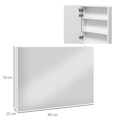 kleankin Bathroom Mirror Cabinet with Light, Bathroom Storage Cupboard with Adjustable Shelf, USB Powered, 90x15x70cm, White 