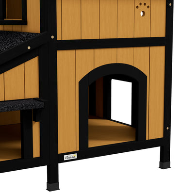 PawHut Wooden Cat House with Flower Pot, Windows, Multiple Entrances, Water-Resistant Roof for Outdoor - Yellow 