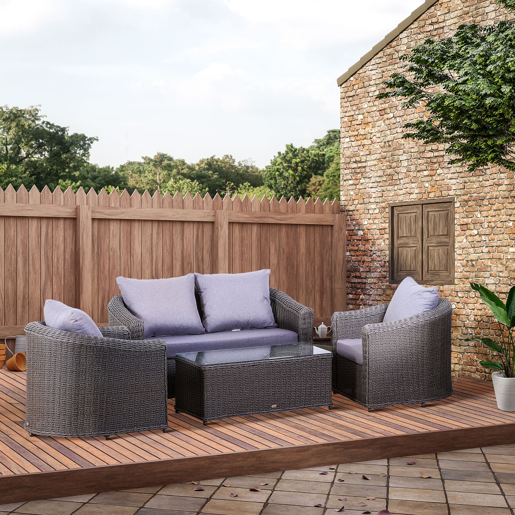 Outsunny Deluxe Round PE Rattan Garden Furniture Set, Fully-assembly Outdoor Sofa Set with Armchair, Loveseat, Glass Top Coffee Table, Aluminium Frame, Cushion, Grey 