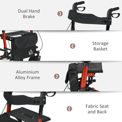 HOMCOM Lightweight Walking Frame, Rubber Wheels, Rollator Walker with Seat and Wheels with Adjustable Handle, Bag, Red 